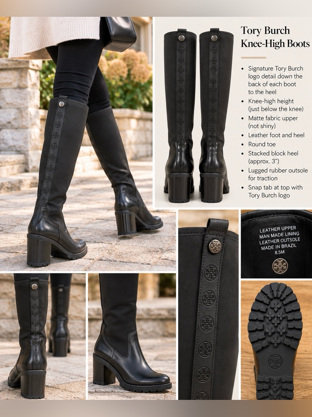 Tory Burch Black Leather & Stretch Knee-High Logo Block Heel Boot Size 8 1/2